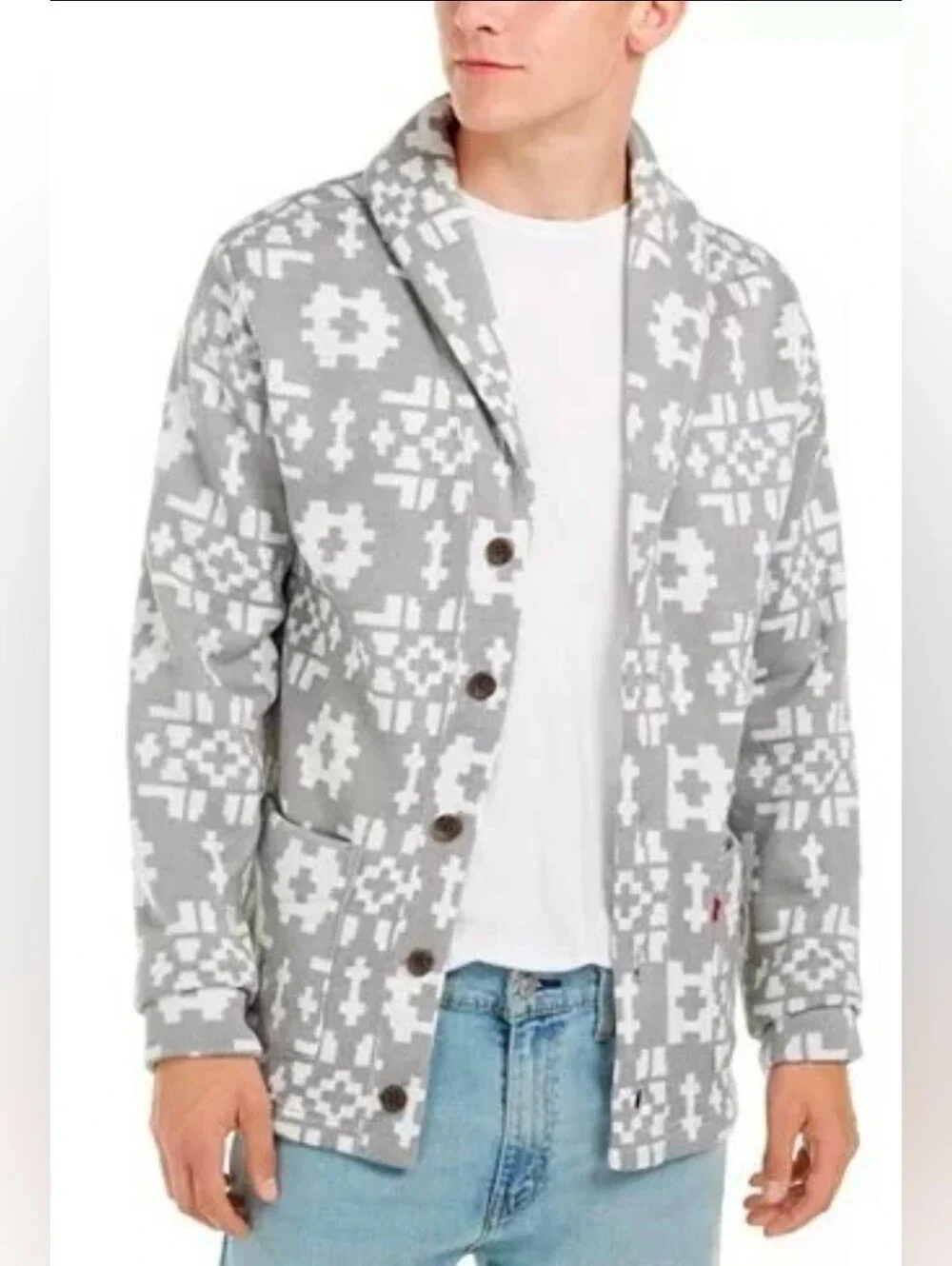 Levi's Stowe Southwestern Aztec  Gray and White Patterned Knit Cardigan Suze L - Picture 8 of 10